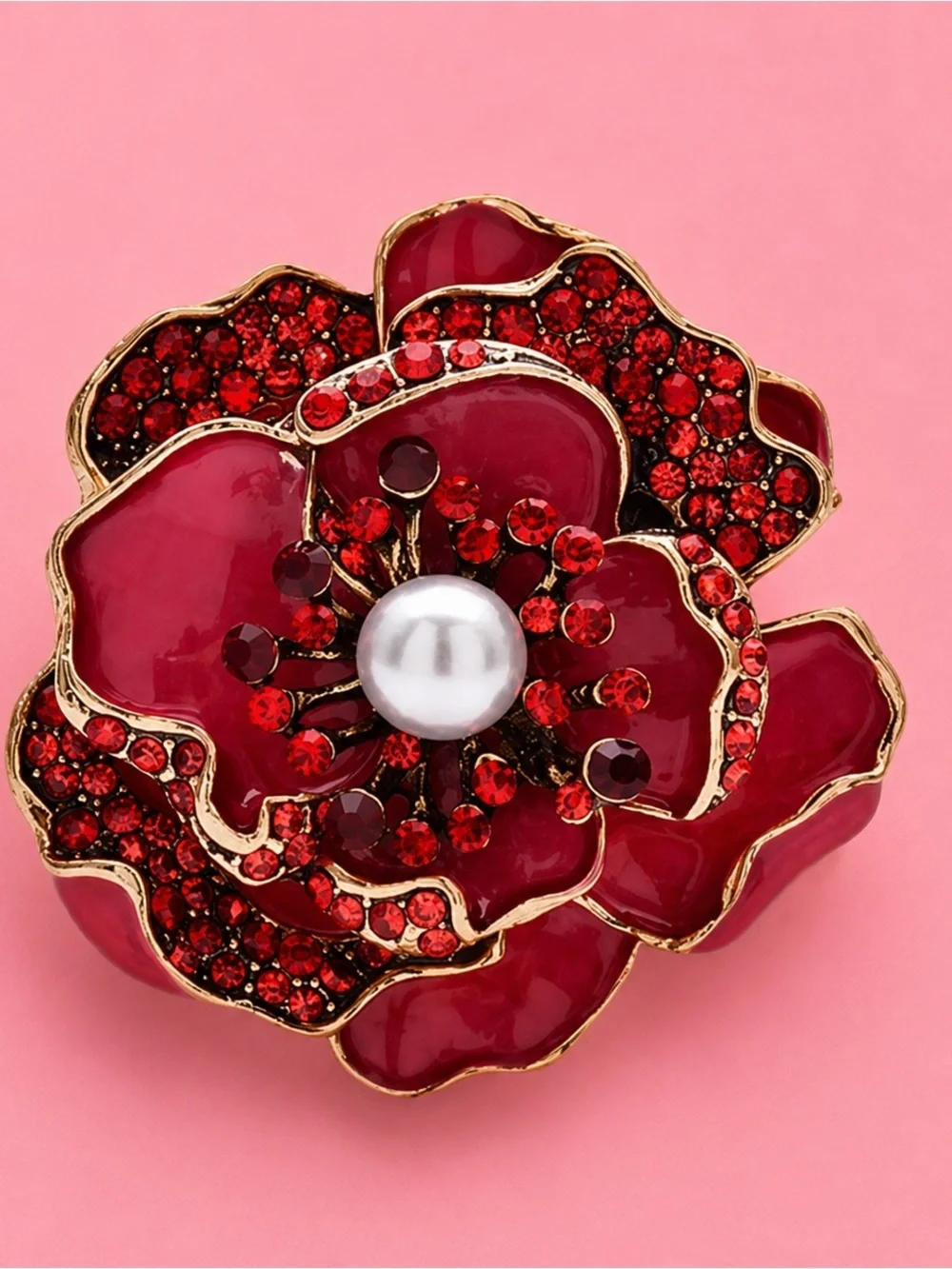 Romantic Red Scarlet Rose Pearl Floral Brooch